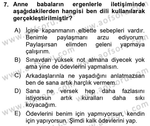 Çocuk ve Ergen Bakımı Dersi 2025 - 2026 Yılı (Vize) Ara Sınav Soruları 7. Soru