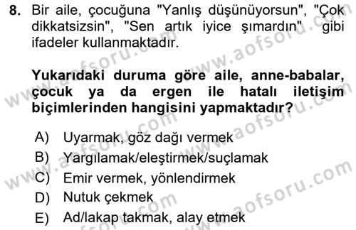 Çocuk ve Ergen Bakımı Dersi 2025 - 2026 Yılı (Vize) Ara Sınav Soruları 8. Soru