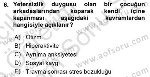 Çocuk ve Ergen Bakımı Dersi 2025 - 2026 Yılı (Final) Dönem Sonu Sınav Soruları 6. Soru
