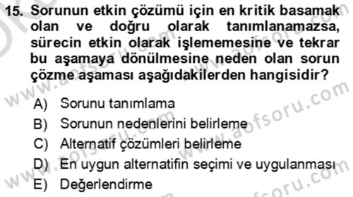 Verimlilik Yönetimi Dersi 2021 - 2022 Yılı Yaz Okulu Sınav Soruları 15. Soru