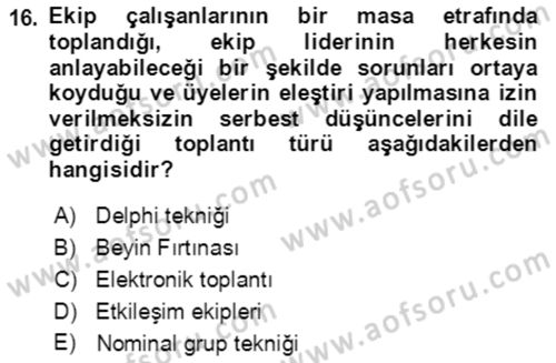 Verimlilik Yönetimi Dersi 2022 - 2023 Yılı Yaz Okulu Sınav Soruları 16. Soru