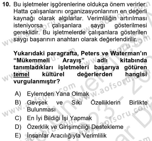 Verimlilik Yönetimi Dersi 2023 - 2024 Yılı (Vize) Ara Sınavı 10. Soru