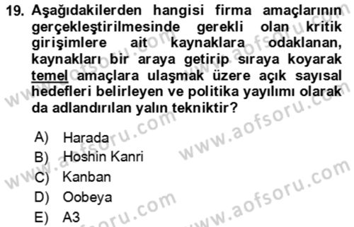 Verimlilik Yönetimi Dersi 2023 - 2024 Yılı Yaz Okulu Sınav Soruları 19. Soru