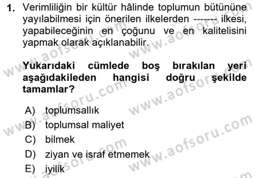 Verimlilik Yönetimi Dersi 2024 - 2025 Yılı (Vize) Ara Sınav Soruları 1. Soru