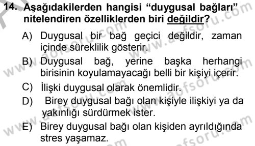Aile İçi Uyumlu Etkileşim Dersi 2012 - 2013 Yılı (Vize) Ara Sınav Soruları 14. Soru