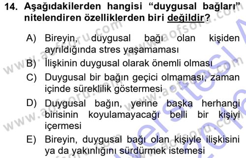Aile İçi Uyumlu Etkileşim Dersi 2015 - 2016 Yılı (Vize) Ara Sınav Soruları 14. Soru