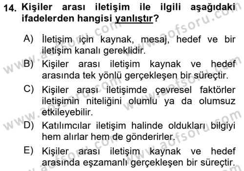 Aile İçi Uyumlu Etkileşim Dersi 2019 - 2020 Yılı (Vize) Ara Sınav Soruları 14. Soru