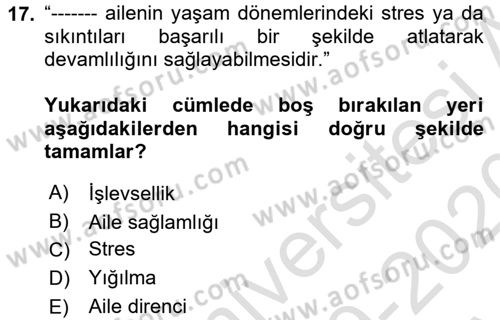 Aile İçi Uyumlu Etkileşim Dersi 2019 - 2020 Yılı (Vize) Ara Sınav Soruları 17. Soru
