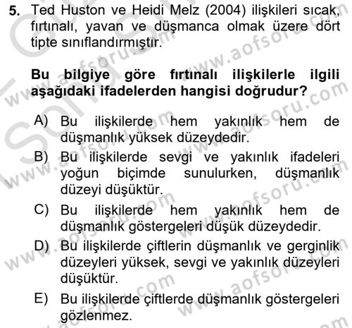 Aile İçi Uyumlu Etkileşim Dersi 2021 - 2022 Yılı (Final) Dönem Sonu Sınav Soruları 5. Soru