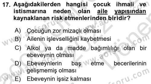 Aile İçi Uyumlu Etkileşim Dersi 2022 - 2023 Yılı (Final) Dönem Sonu Sınav Soruları 17. Soru