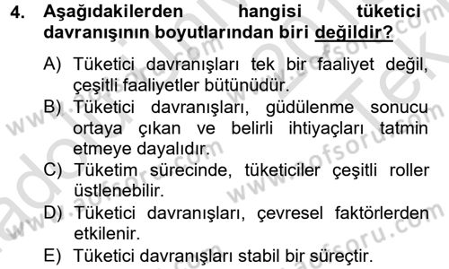 Tüketim Bilinci ve Bilinçli Tüketici Dersi 2013 - 2014 Yılı Tek Ders Sınavı 4. Soru