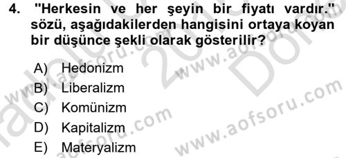 Tüketim Bilinci ve Bilinçli Tüketici Dersi 2015 - 2016 Yılı (Final) Dönem Sonu Sınavı 4. Soru