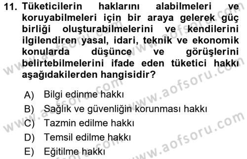 Tüketim Bilinci ve Bilinçli Tüketici Dersi 2016 - 2017 Yılı (Final) Dönem Sonu Sınav Soruları 11. Soru