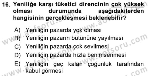 Tüketim Bilinci ve Bilinçli Tüketici Dersi 2018 - 2019 Yılı (Vize) Ara Sınav Soruları 16. Soru