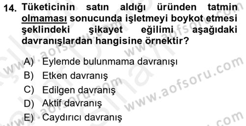 Tüketim Bilinci ve Bilinçli Tüketici Dersi 2018 - 2019 Yılı (Final) Dönem Sonu Sınav Soruları 14. Soru