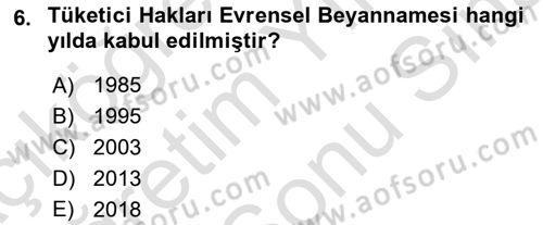 Tüketim Bilinci ve Bilinçli Tüketici Dersi 2021 - 2022 Yılı (Final) Dönem Sonu Sınav Soruları 6. Soru