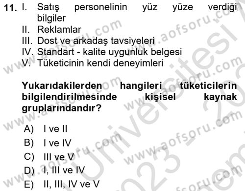 Tüketim Bilinci ve Bilinçli Tüketici Dersi 2023 - 2024 Yılı (Final) Dönem Sonu Sınav Soruları 11. Soru