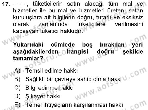 Tüketim Bilinci ve Bilinçli Tüketici Dersi 2023 - 2024 Yılı (Final) Dönem Sonu Sınav Soruları 17. Soru