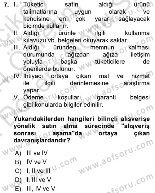 Tüketim Bilinci ve Bilinçli Tüketici Dersi 2023 - 2024 Yılı (Final) Dönem Sonu Sınav Soruları 7. Soru