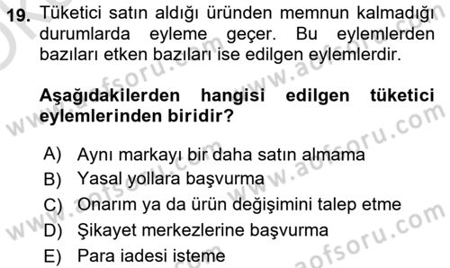 Tüketim Bilinci ve Bilinçli Tüketici Dersi 2023 - 2024 Yılı Yaz Okulu Sınav Soruları 19. Soru
