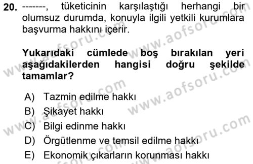 Tüketim Bilinci ve Bilinçli Tüketici Dersi 2023 - 2024 Yılı Yaz Okulu Sınav Soruları 20. Soru