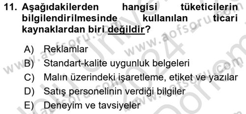 Tüketim Bilinci ve Bilinçli Tüketici Dersi 2024 - 2025 Yılı (Final) Dönem Sonu Sınav Soruları 11. Soru
