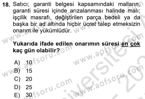 Tüketim Bilinci ve Bilinçli Tüketici Dersi 2024 - 2025 Yılı (Final) Dönem Sonu Sınav Soruları 18. Soru