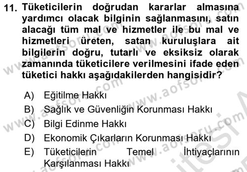 Tüketim Bilinci ve Bilinçli Tüketici Dersi 2024 - 2025 Yılı Yaz Okulu Sınav Soruları 11. Soru