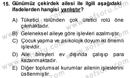 Toplumsal Yaşamda Aile Dersi 2013 - 2014 Yılı (Vize) Ara Sınav Soruları 15. Soru