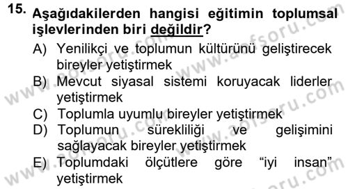 Toplumsal Yaşamda Aile Dersi 2013 - 2014 Yılı Tek Ders Sınav Soruları 15. Soru
