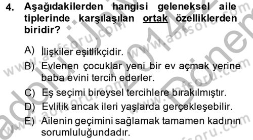 Toplumsal Yaşamda Aile Dersi 2014 - 2015 Yılı (Final) Dönem Sonu Sınav Soruları 4. Soru