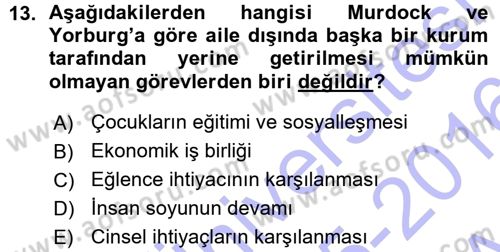 Toplumsal Yaşamda Aile Dersi 2015 - 2016 Yılı (Vize) Ara Sınav Soruları 13. Soru