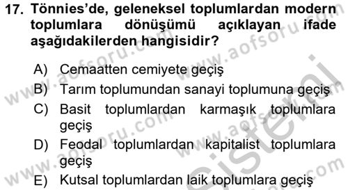 Toplumsal Yaşamda Aile Dersi 2016 - 2017 Yılı 3 Ders Sınav Soruları 17. Soru