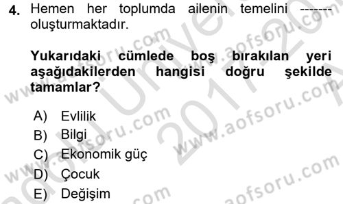 Toplumsal Yaşamda Aile Dersi 2017 - 2018 Yılı (Vize) Ara Sınav Soruları 4. Soru