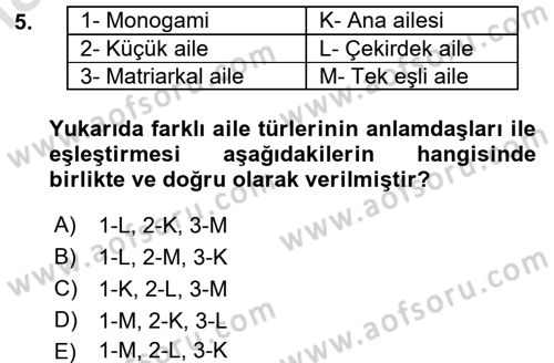 Toplumsal Yaşamda Aile Dersi 2017 - 2018 Yılı (Vize) Ara Sınav Soruları 5. Soru