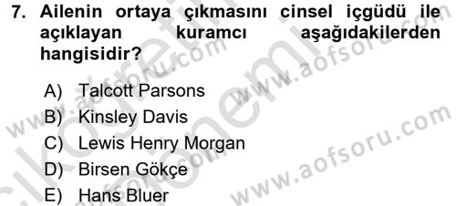 Toplumsal Yaşamda Aile Dersi 2017 - 2018 Yılı (Vize) Ara Sınav Soruları 7. Soru