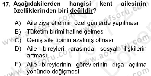 Toplumsal Yaşamda Aile Dersi 2017 - 2018 Yılı (Final) Dönem Sonu Sınav Soruları 17. Soru