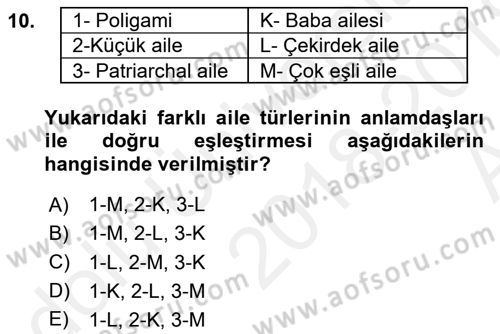 Toplumsal Yaşamda Aile Dersi 2018 - 2019 Yılı (Vize) Ara Sınav Soruları 10. Soru