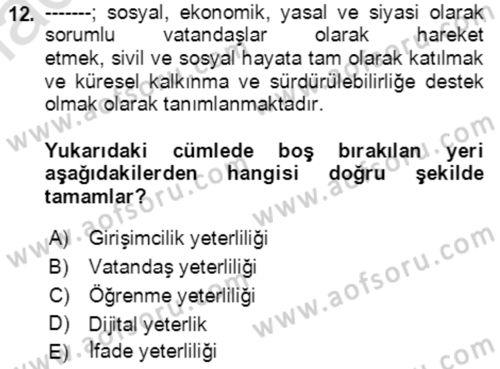 Toplumsal Yaşamda Aile Dersi 2021 - 2022 Yılı (Final) Dönem Sonu Sınav Soruları 12. Soru