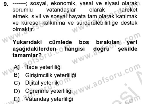 Toplumsal Yaşamda Aile Dersi 2024 - 2025 Yılı (Final) Dönem Sonu Sınav Soruları 9. Soru