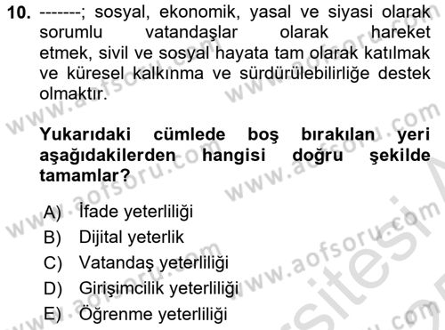 Toplumsal Yaşamda Aile Dersi 2024 - 2025 Yılı Yaz Okulu Sınav Soruları 10. Soru