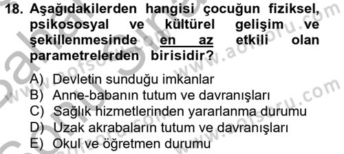 Aile Psikolojisi ve Eğitimi Dersi 2012 - 2013 Yılı (Final) Dönem Sonu Sınav Soruları 18. Soru
