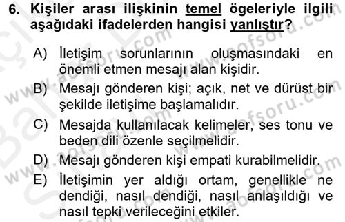 Aile Psikolojisi ve Eğitimi Dersi 2015 - 2016 Yılı (Vize) Ara Sınav Soruları 6. Soru