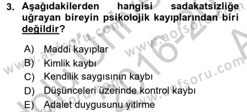 Aile Psikolojisi ve Eğitimi Dersi 2016 - 2017 Yılı (Vize) Ara Sınav Soruları 3. Soru