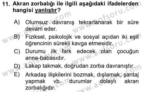 Aile Psikolojisi ve Eğitimi Dersi 2017 - 2018 Yılı 3 Ders Sınav Soruları 11. Soru