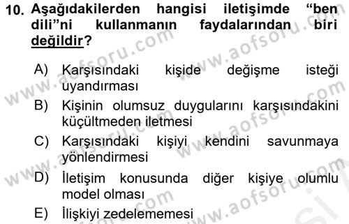 Aile Psikolojisi ve Eğitimi Dersi 2017 - 2018 Yılı (Vize) Ara Sınav Soruları 10. Soru