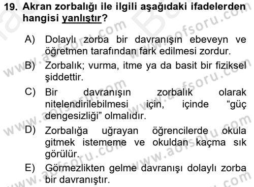 Aile Psikolojisi ve Eğitimi Dersi 2017 - 2018 Yılı (Vize) Ara Sınav Soruları 19. Soru