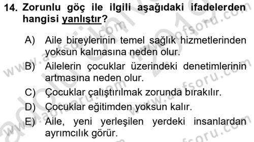 Aile Psikolojisi ve Eğitimi Dersi 2018 - 2019 Yılı 3 Ders Sınav Soruları 14. Soru