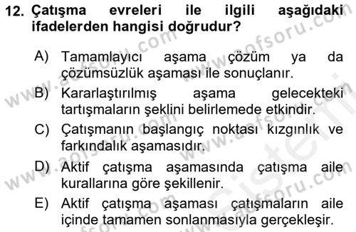Aile Psikolojisi ve Eğitimi Dersi 2018 - 2019 Yılı (Vize) Ara Sınav Soruları 12. Soru