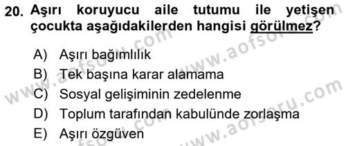 Aile Psikolojisi ve Eğitimi Dersi 2018 - 2019 Yılı (Vize) Ara Sınav Soruları 20. Soru